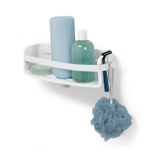 Dušo reikmenų laikiklis FLEX GEL yra balto plastiko, vonios kambarys atrodys tvarkingai ir stilingai, šampūno ir muilo buteliukus galite laikyti apverstus.